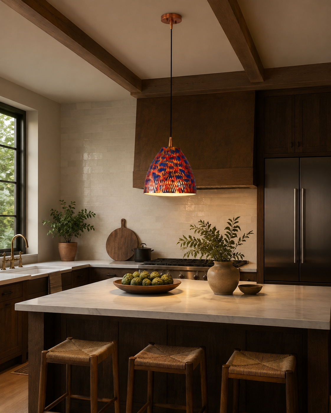 Colorful copper pendant light installed over a restaurant table with warm downward illumination and statement ceiling style