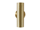 Close front view of perforated brass cylinder sconce showing perforation pattern and brushed brass finish on a white background.