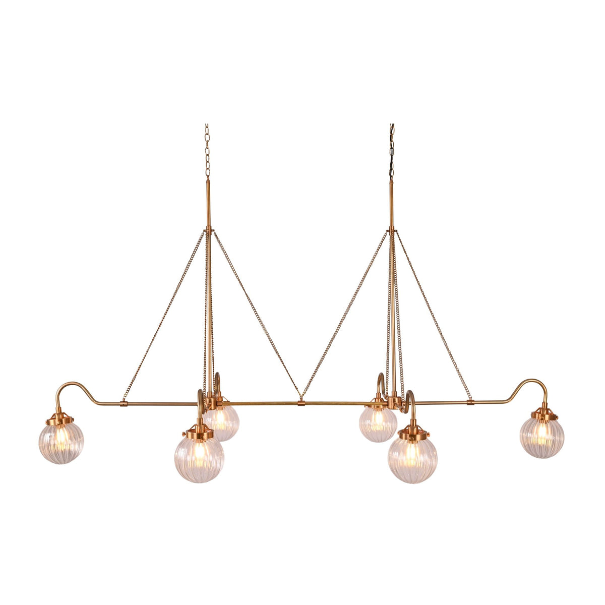 Dimension view of 70 inch wide and 54 inch high linear chandelier with six ribbed glass globe shades