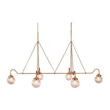 Dimension view of 70 inch wide and 54 inch high linear chandelier with six ribbed glass globe shades