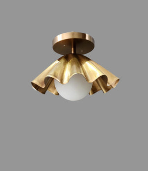 Handmade ruffled brass flushmount ceiling light with globe shade, modern semi-flush fixture