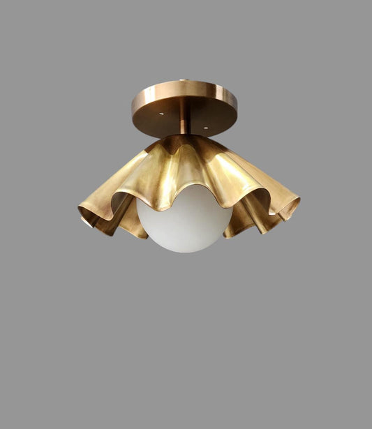 Handmade ruffled brass flushmount ceiling light with globe shade, modern semi-flush fixture