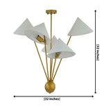 Santorini 5 light raw brass chandelier with sculptural arms and five white fabric shades