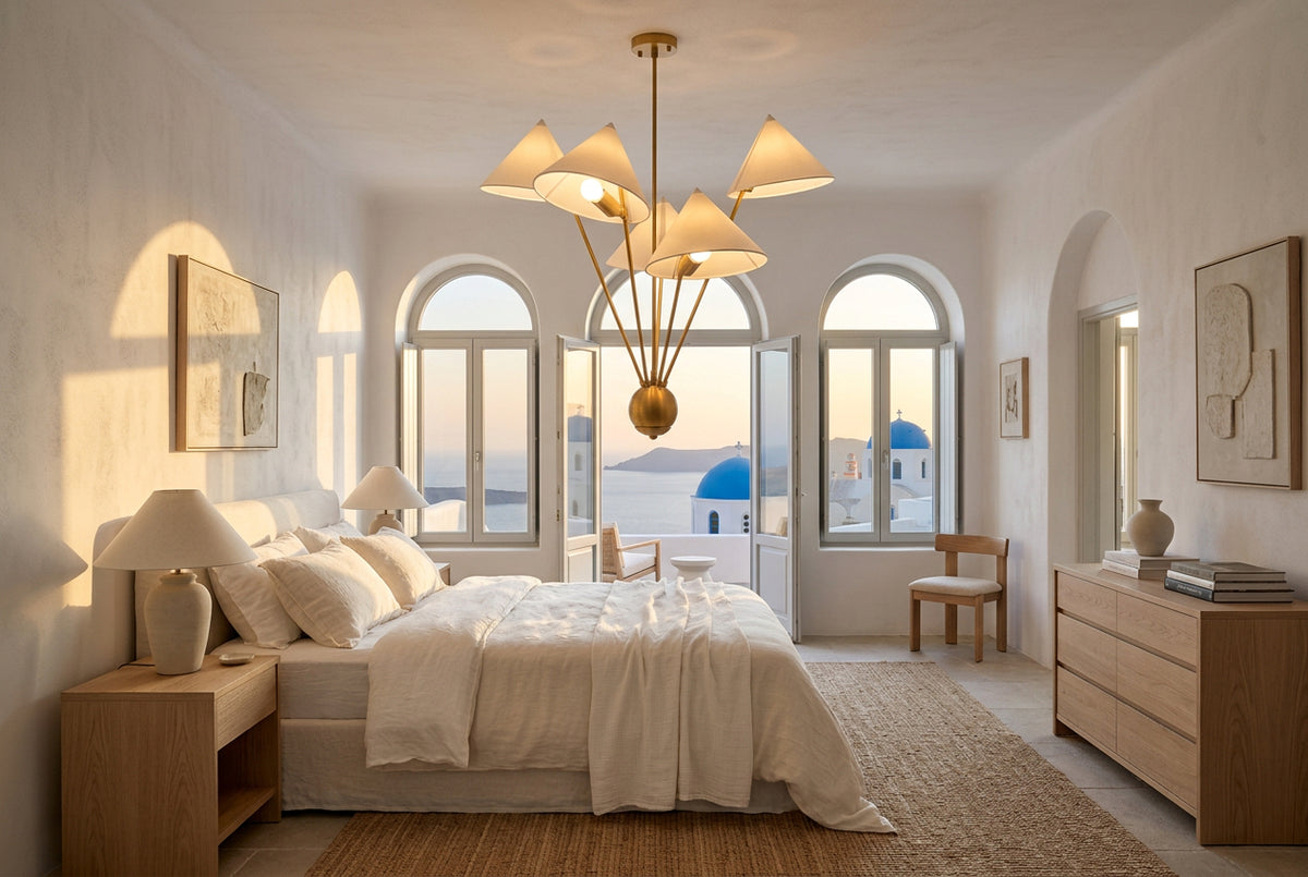 Illuminated Santorini brass chandelier with five softly glowing fabric shades and warm ambient light