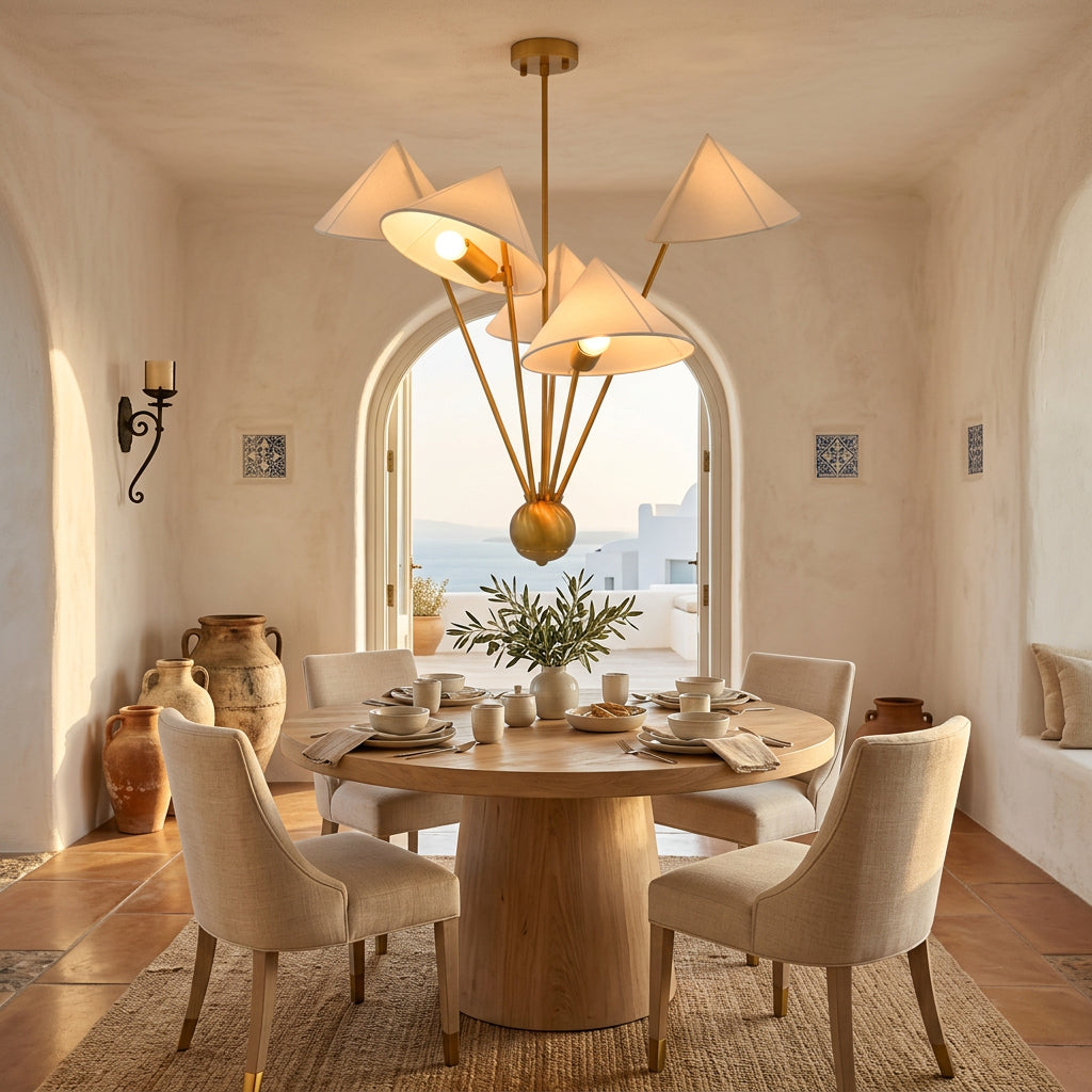 Customizable Santorini chandelier with adjustable drop length, five lights and soft white fabric shades