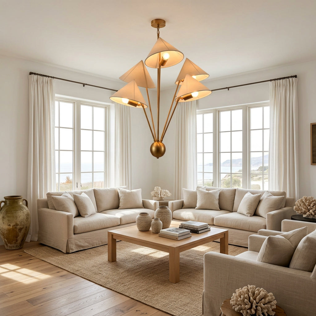 Raw brass five light chandelier with fabric shades for dining room, living room or statement interiors