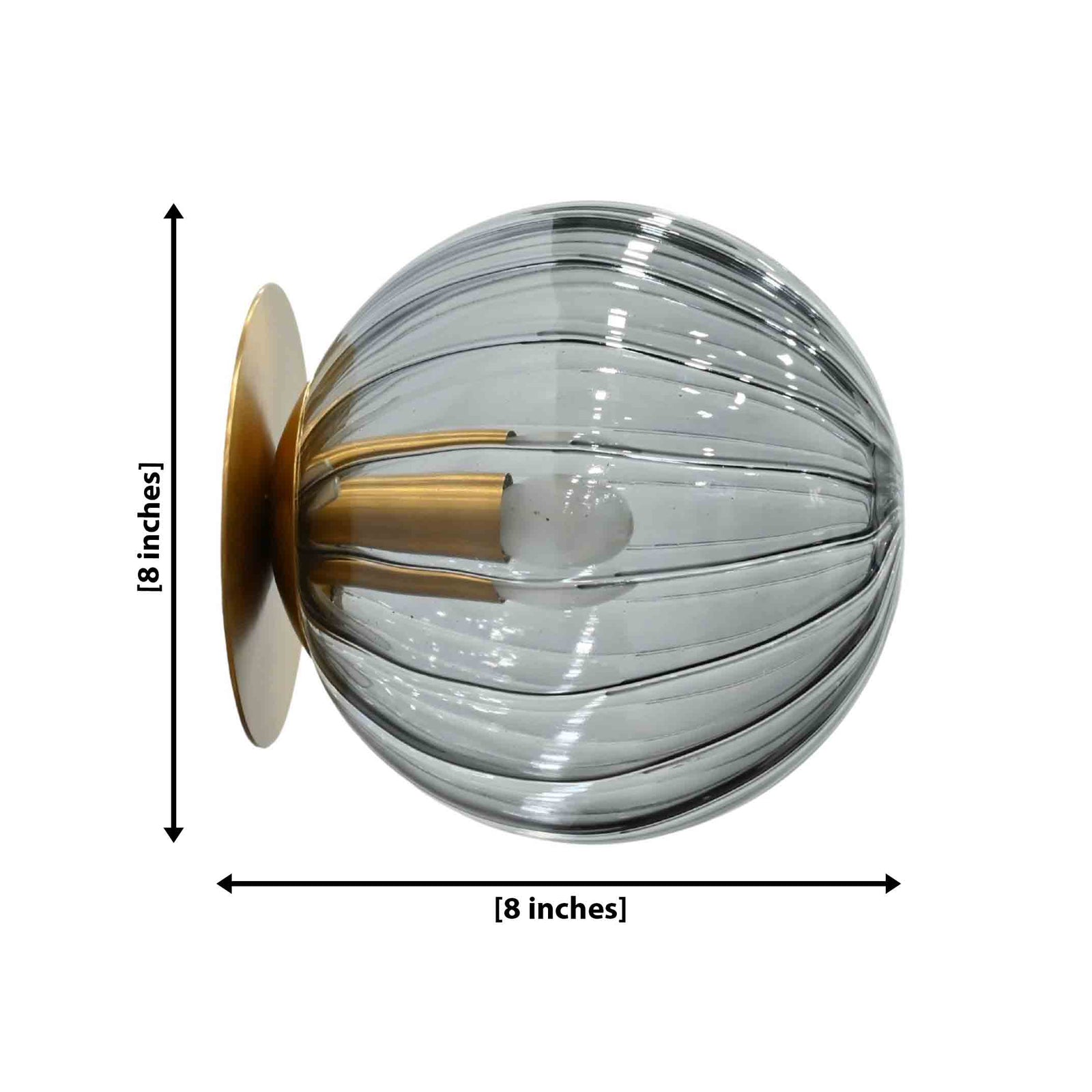 Size guide for Santorini Ribbed Glass Globe Wall Sconce – 8 Inch Brass Accent Light 72233
