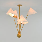 Statement brass ceiling light with five angled fabric shades and sculptural upward branching arms