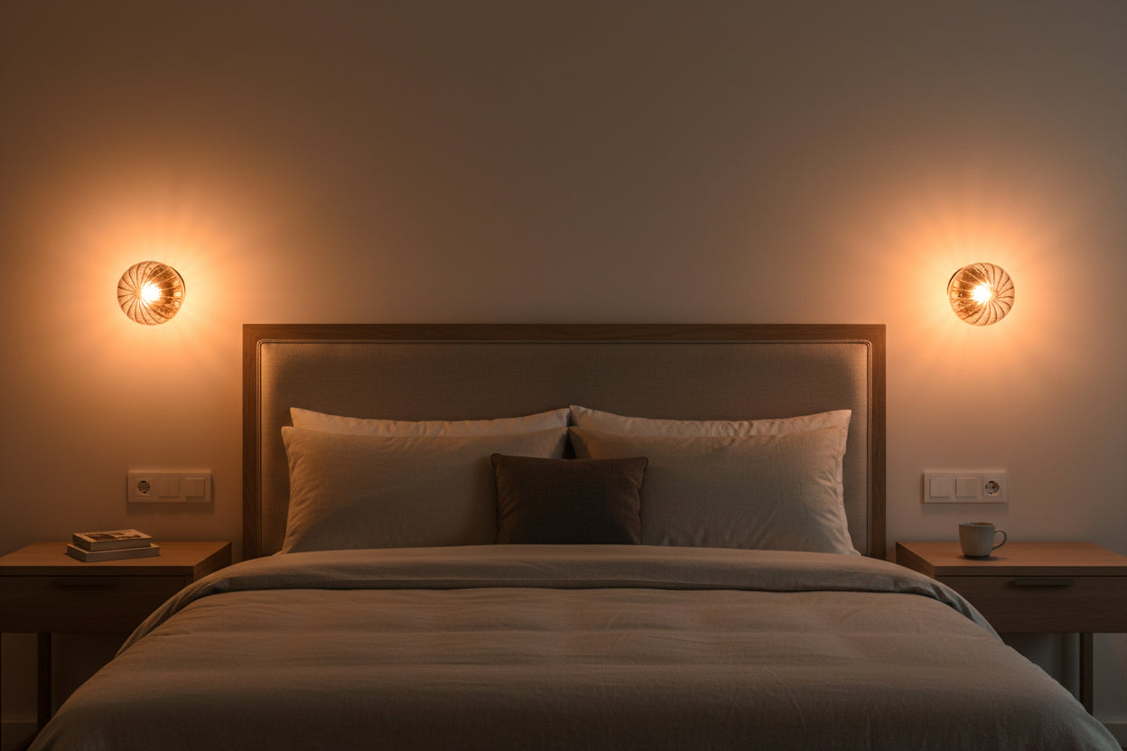 Santorini ribbed glass wall sconce dimension view showing 8 inch globe diameter and 8 inch projection