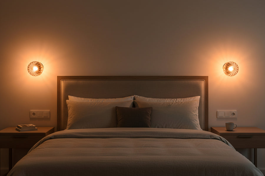 Santorini ribbed glass wall sconce dimension view showing 8 inch globe diameter and 8 inch projection
