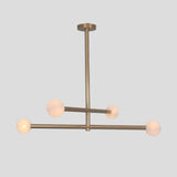 Satin brushed brass 4-light chandelier with frosted globes, perfect for dining or living room.