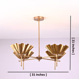 Brass bowl chandelier showing 31 inch width and 21 inch height with sculptural shell shades