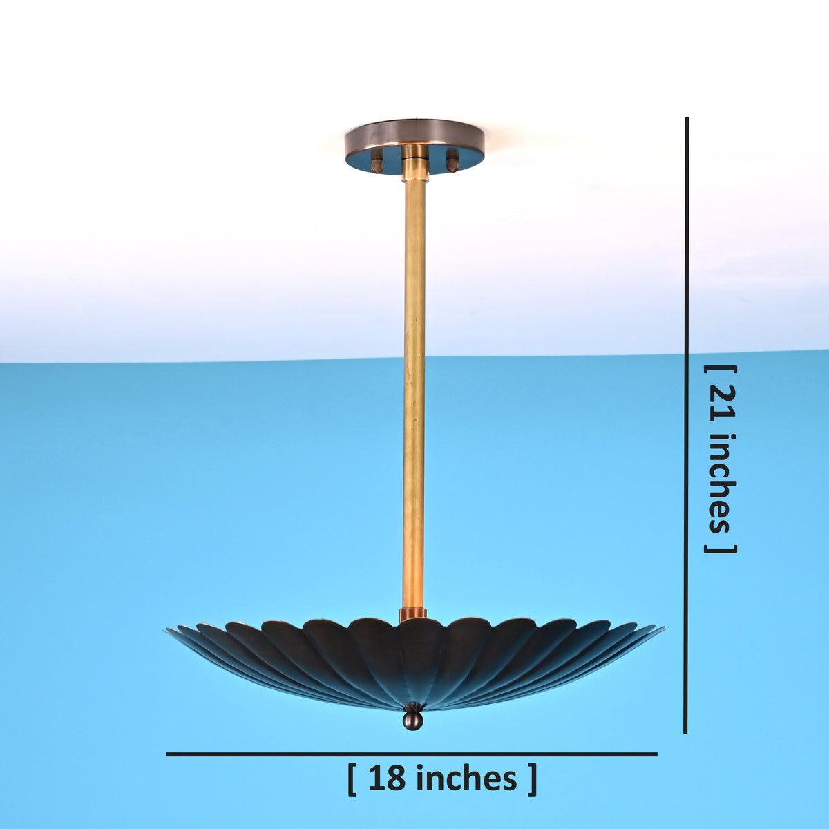 Scalloped brass disc pendant light showing 18 inch diameter and 21 inch height dimensions