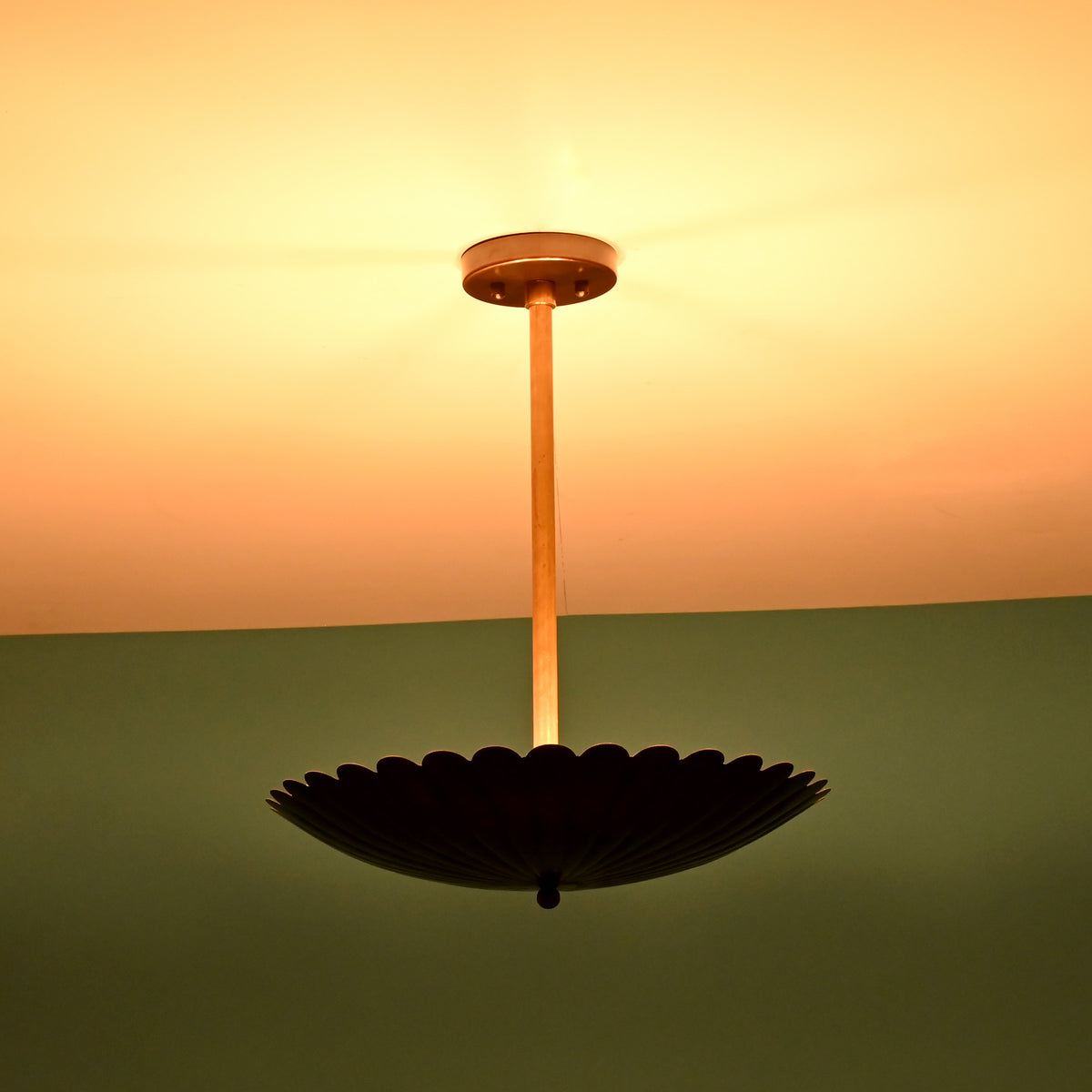 Modern industrial scalloped brass pendant light with fluted bowl shade and brass rod