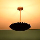 Front-facing product image of floral brass pendant light in blackened finish with raw brass stem, isolated against blue background.