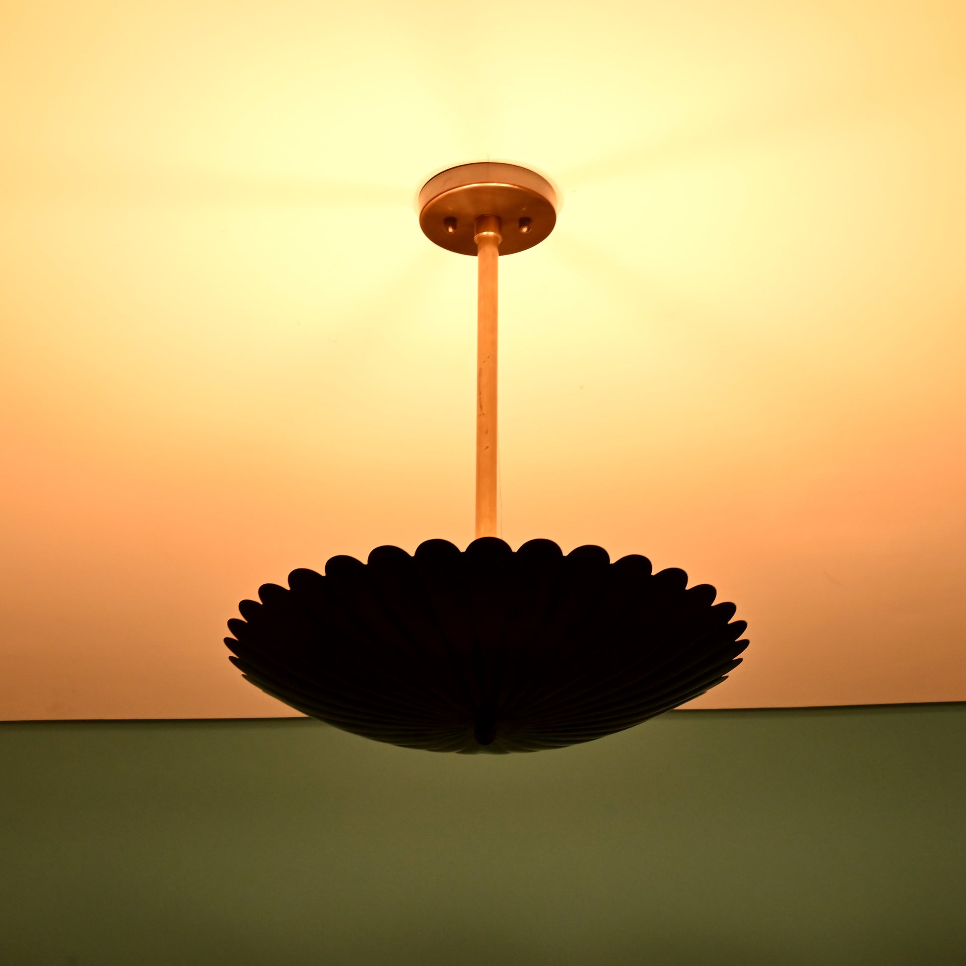 Front-facing product image of floral brass pendant light in blackened finish with raw brass stem, isolated against blue background.