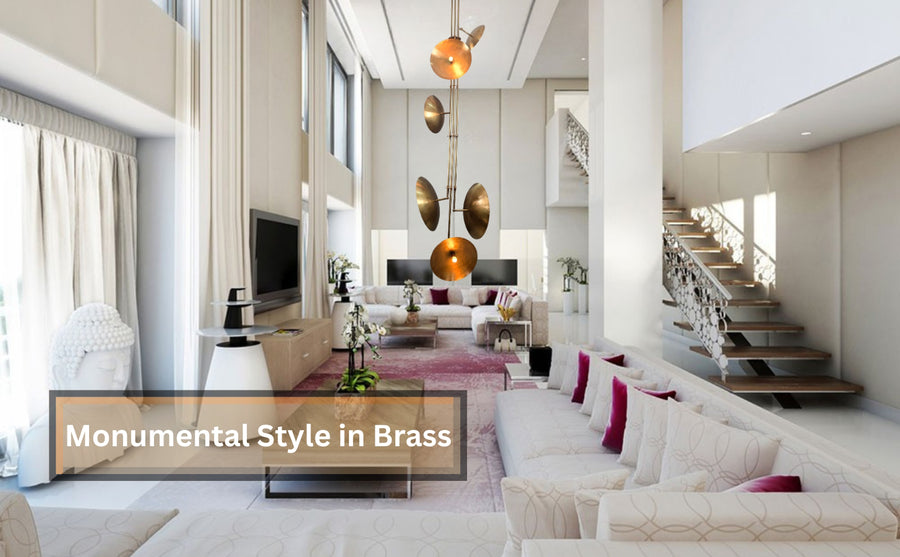 Large brass disc chandelier in luxury living room with high ceiling
