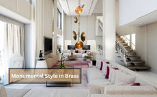 Close-up of brass disc chandelier showing sculptural brilliance
