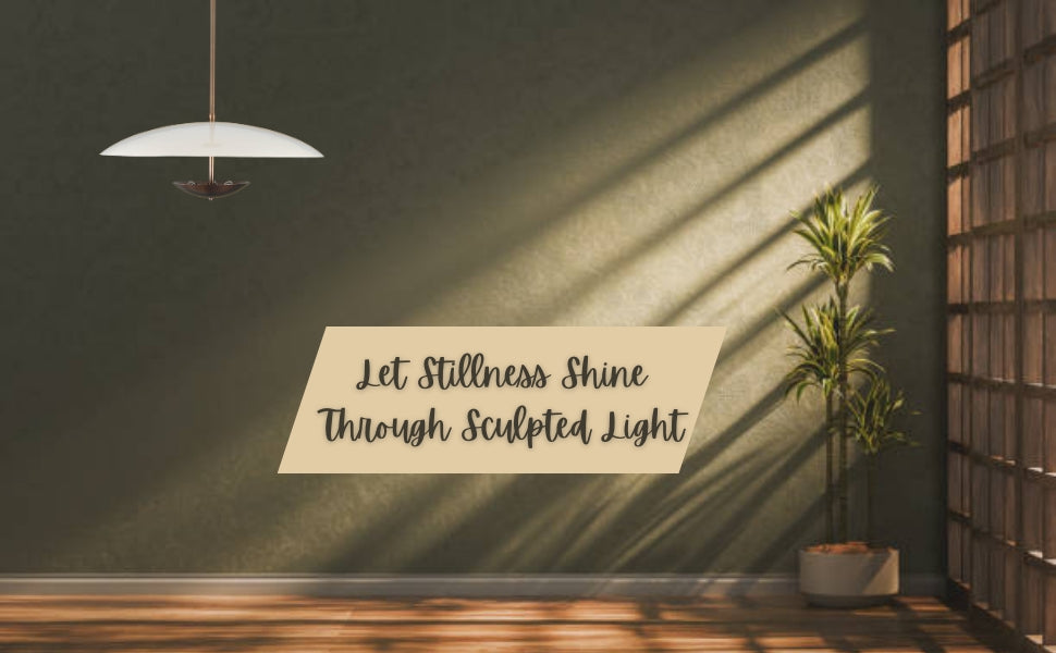 Sculptural brass pendant light styled in an earthy interior with natural light, offering a modern minimal glow for tranquil living spaces.