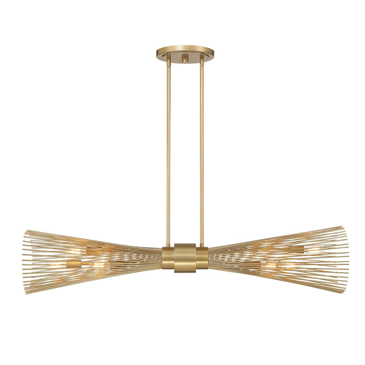 Sculptural linear brass chandelier with dual wire arms and exposed bulbs, modern industrial ceiling fixture