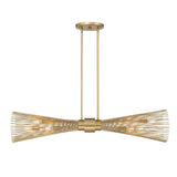 Sculptural linear brass chandelier with dual wire arms and exposed bulbs, modern industrial ceiling fixture