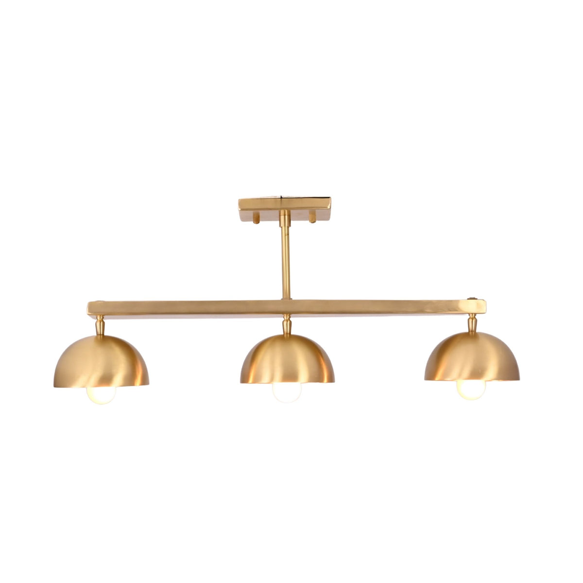 Semi flush mount dome light on white background showing clean horizontal frame and three shade layout