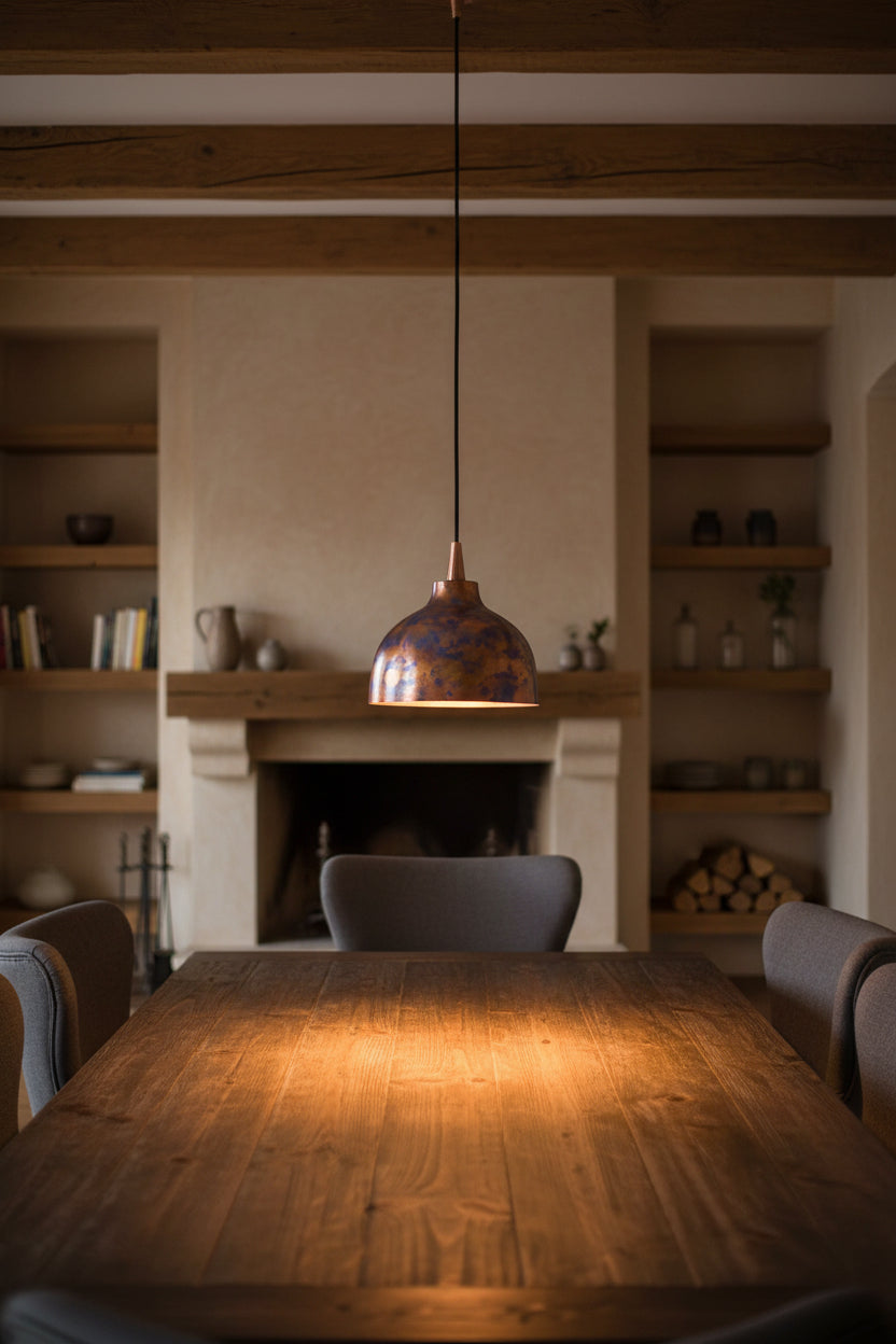 Set of four blue copper dome pendant lights with black hanging cords and copper ceiling canopies above a dining table