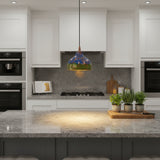 Set of four blue green copper pendant lights with black cords and matching copper ceiling canopies