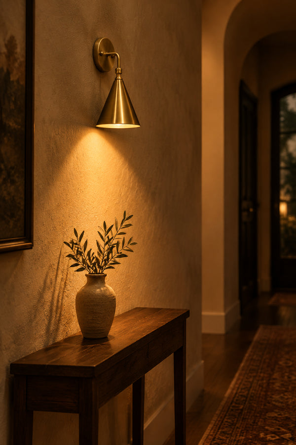 Brass bedside reading wall sconce with cone shade designed for focused downward illumination