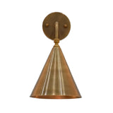 Seville brass cone wall sconce with curved arm, round canopy and warm brass patina finish