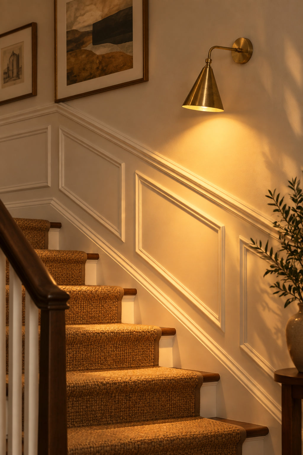 Mid century inspired brass wall light with round canopy, curved arm and sculptural cone shaped shade