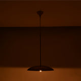 Shallow dome ceiling pendant light with slim suspension rod, chain detail, and warm ambient downward illumination