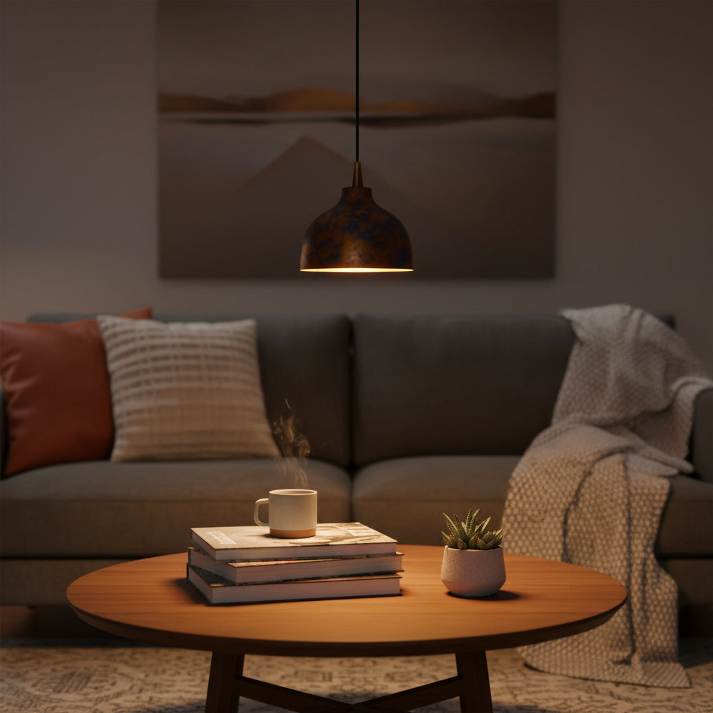 Single blue copper dome pendant lamp with rounded shade, black cord, and copper canopy on white background