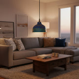 Single blue green dome pendant lamp with copper tones, black hanging cord, and rounded shade on white background
