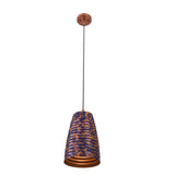 Single blue patina pendant light with ribbed cylindrical shade, slim black cord, and round ceiling canopy