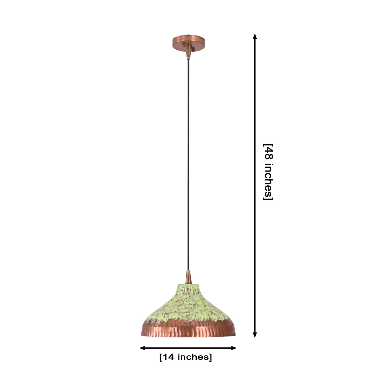 Single copper patina pendant light with wide dome shade, black cord, and copper ceiling canopy on a clean white background
