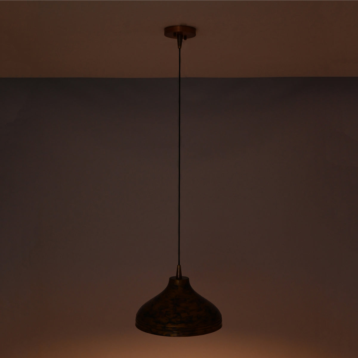 Single dome copper ceiling pendant with wide shallow shade and handcrafted-style surface texture