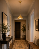 Single light brass pendant fixture with cone shade, ideal for dining rooms, kitchens, hallways, and entryways
