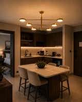 Six-light brass ceiling fixture with slim rods, central stem, and round disc-shaped lamps