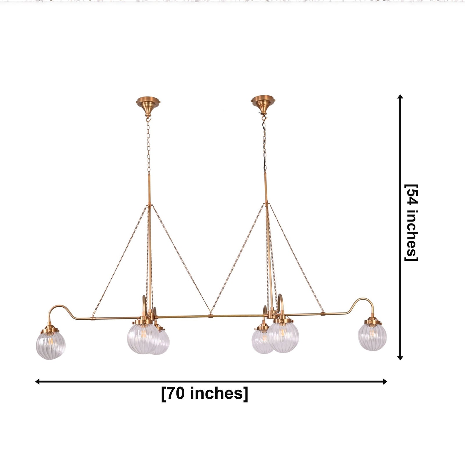 Size guide for Linear 6-Light Ribbed Glass Globe Chandelier – Custom Brass Dining Room Ceiling Light – Model 33378