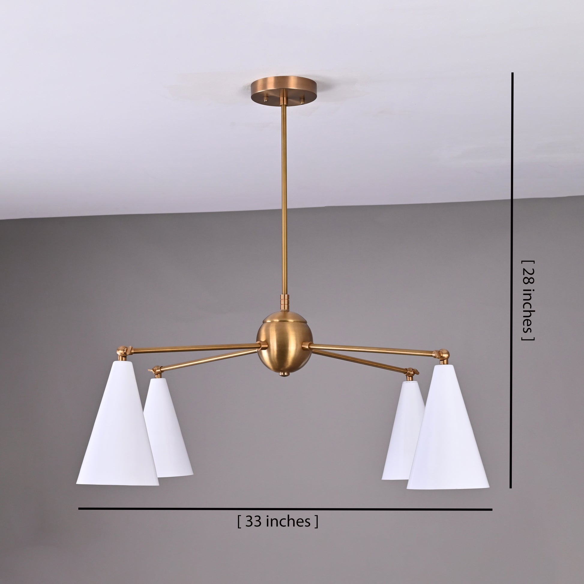 Measurement diagram of 4-light brass chandelier with 33-inch width and 28-inch height – size guide for modern ceiling light