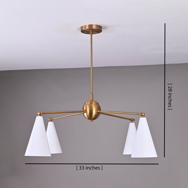 Measurement diagram of 4-light brass chandelier with 33-inch width and 28-inch height – size guide for modern ceiling light