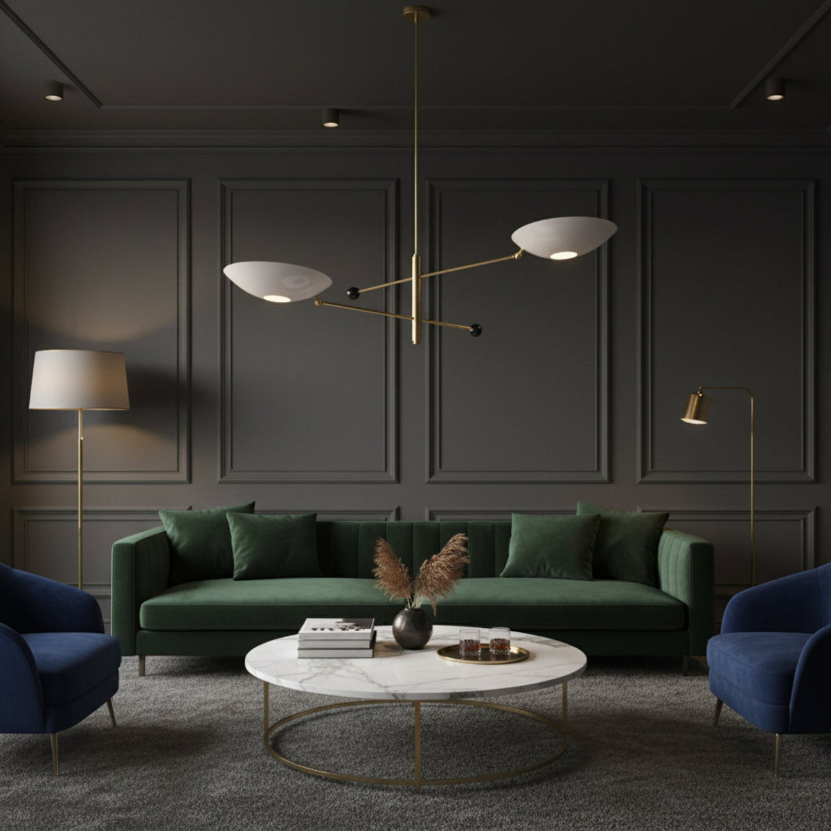 Sloane Double Disc Balance Chandelier angled view featuring balanced brass arms and white disc shades