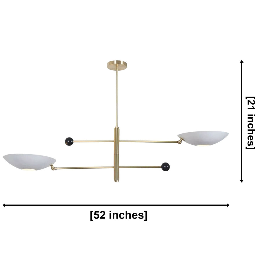 Sloane Double Disc Balance Chandelier 2 light installed above a modern dining table with warm ambient lighting