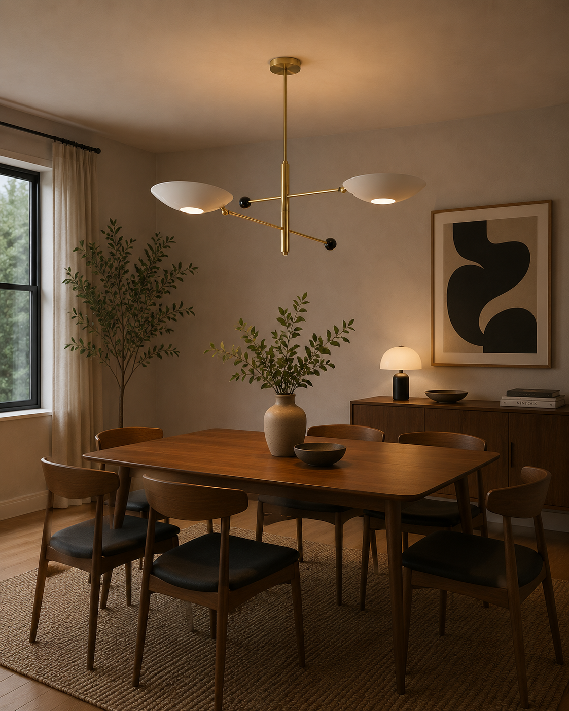 Sloane Double Disc Balance Chandelier 2 light installed above a modern dining table with warm ambient lighting
