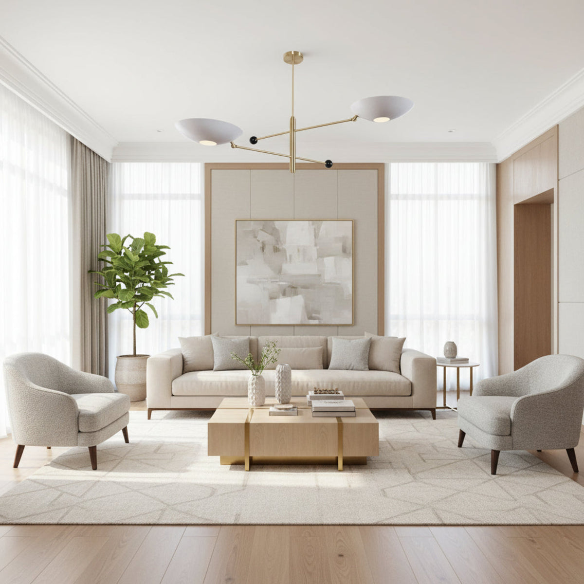 Sloane Double Disc Balance Chandelier 2 light front view with white shades and brass frame