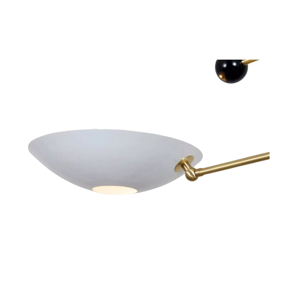 Sloane Double Disc Balance Chandelier close-up of white disc shade with brass arm detail