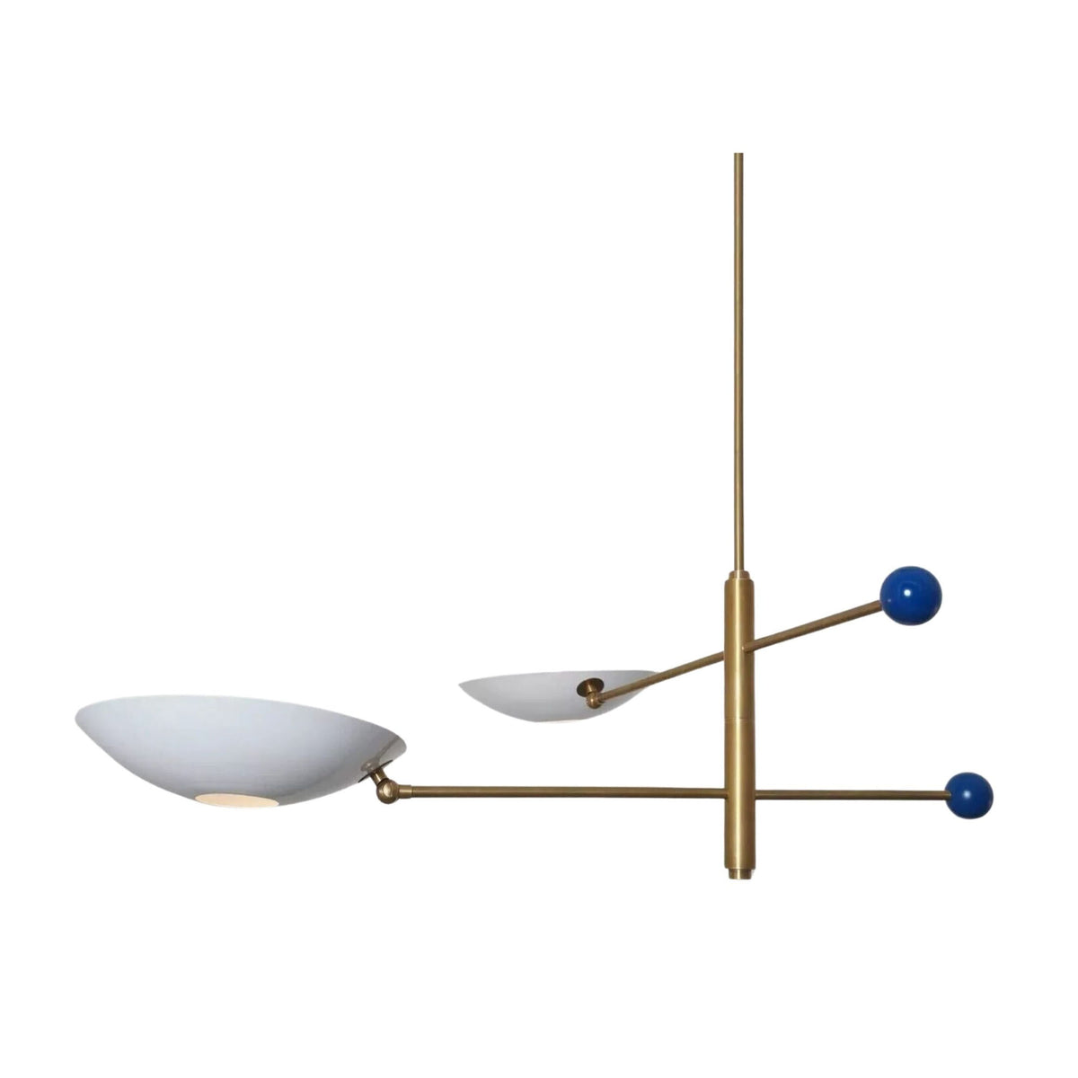 Sloane Double Disc Balance Chandelier side view with two white disc shades and decorative ball accents