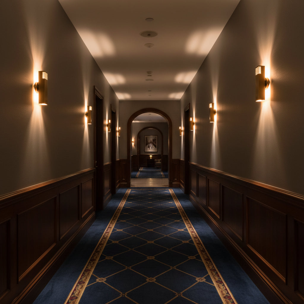 Slotted brass tube sconce side view showing solid brass construction, round wall canopy, and soft ambient light effect