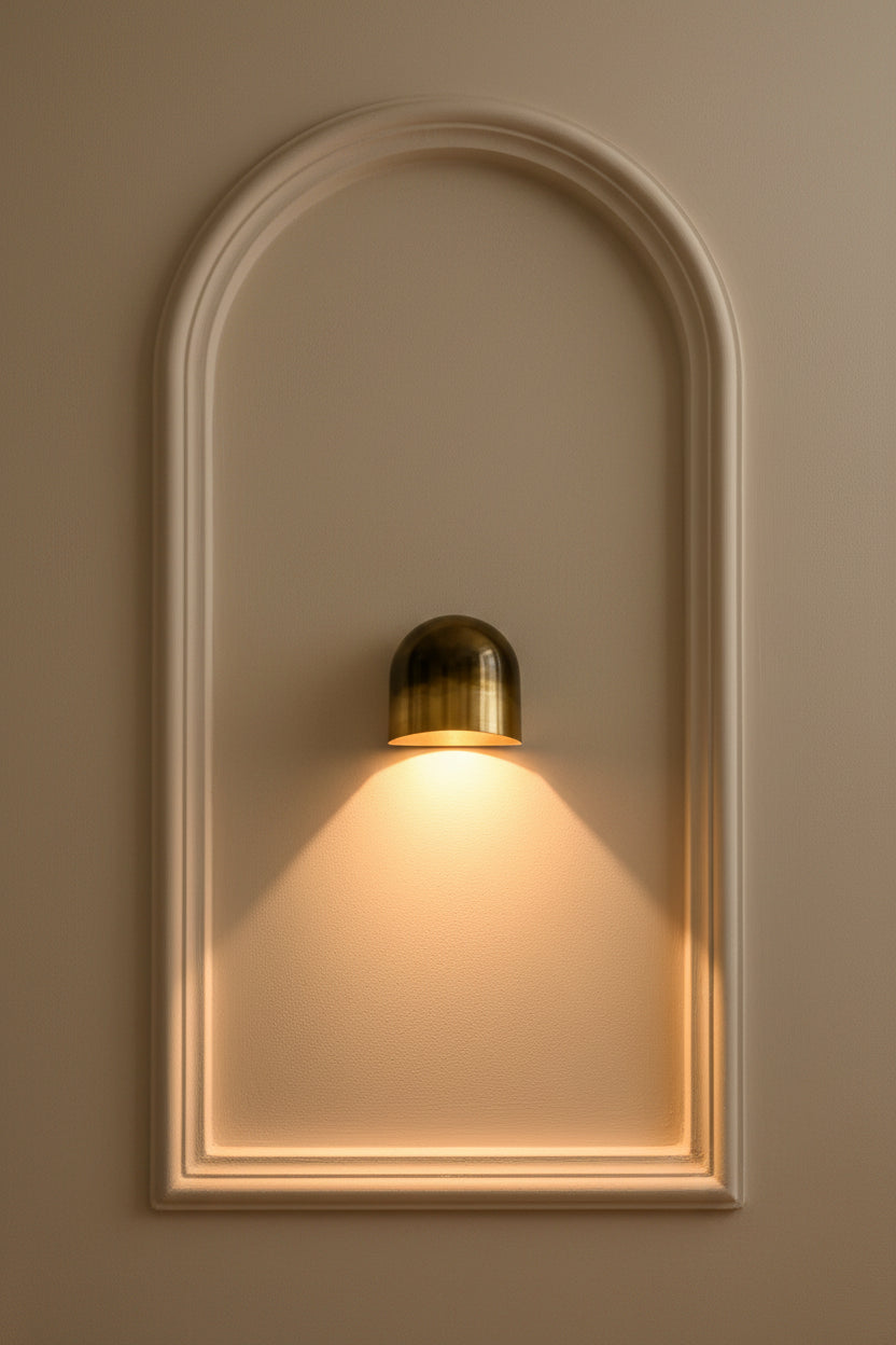 Small brass hallway wall sconce casting a focused cone of warm light from a rounded dome shade